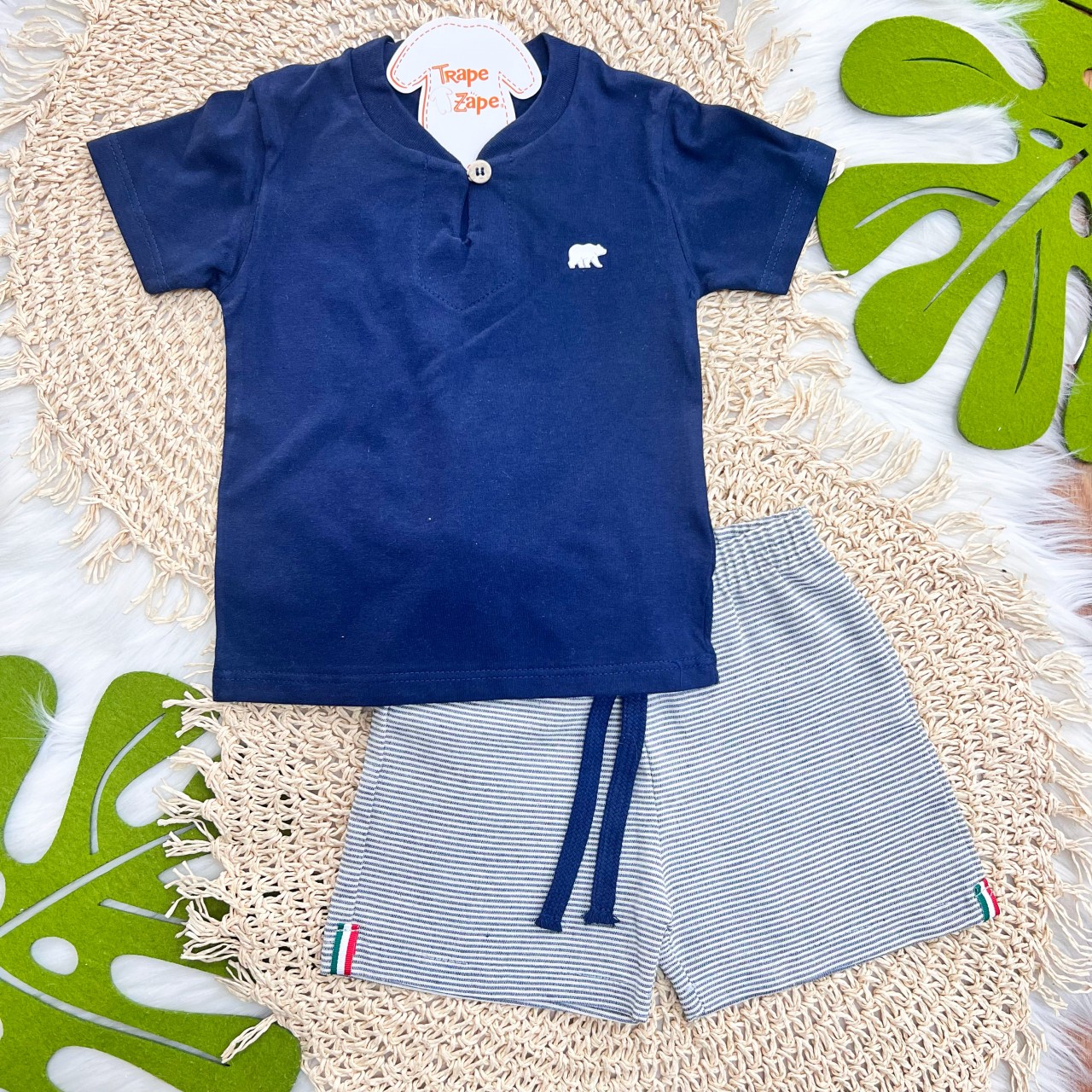 Conj Marinho de Botão Urso Polar e short Listradinho